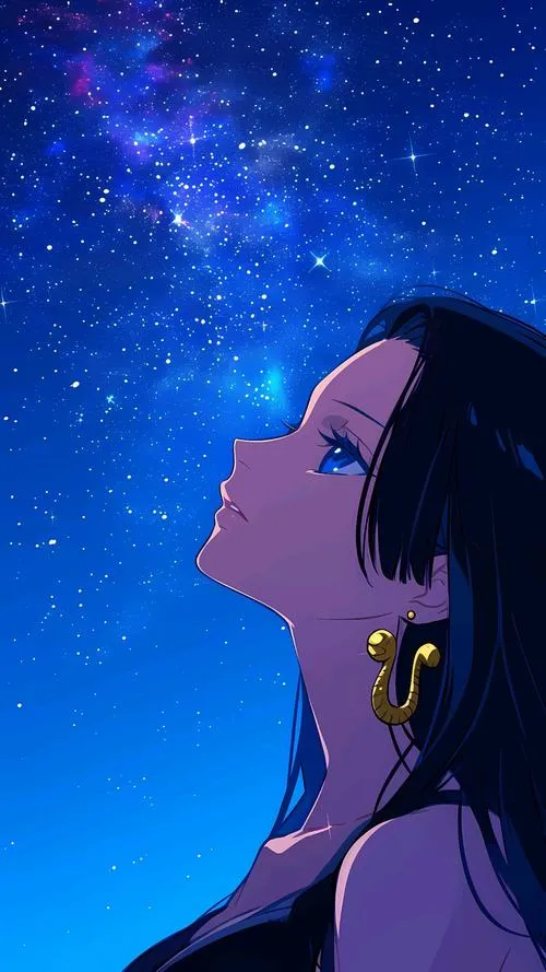 Hình nền 4K Boa Hancock giữa phố đêm xanh, ánh sáng phản chiếu, tóc đen dài tạo cảm giác điện ảnh