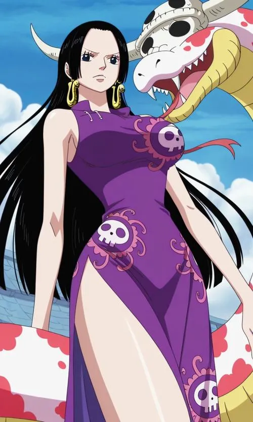 Ảnh anime Boa Hancock khoe áo choàng và đường nét sắc, nền tim nhỏ tạo điểm nhấn vừa đẹp vừa tự tin