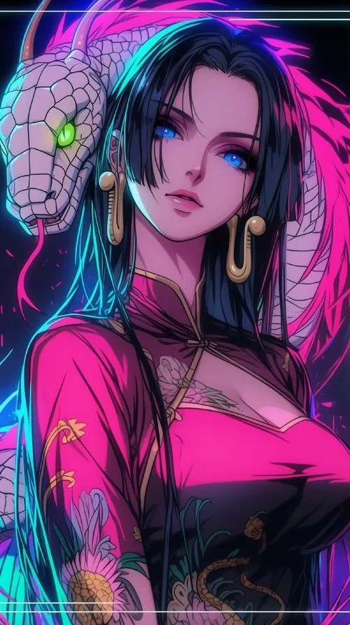 Hình nền 4K Boa Hancock diện bikini, nền biển xanh và ô che nắng, tóc đổ dài nhìn rất hút mắt