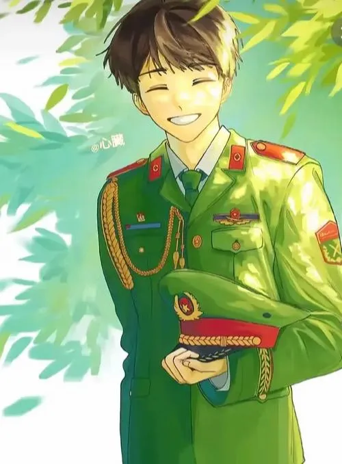 Ảnh chibi bộ đội đứng nghiêm cạnh công an tạo bố cục cân đối