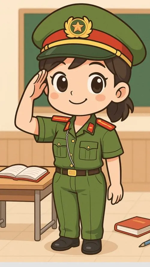 Hình chibi quân nhân tạo vibe nghiêm chỉnh bên đồng phục ngành gọn gàng