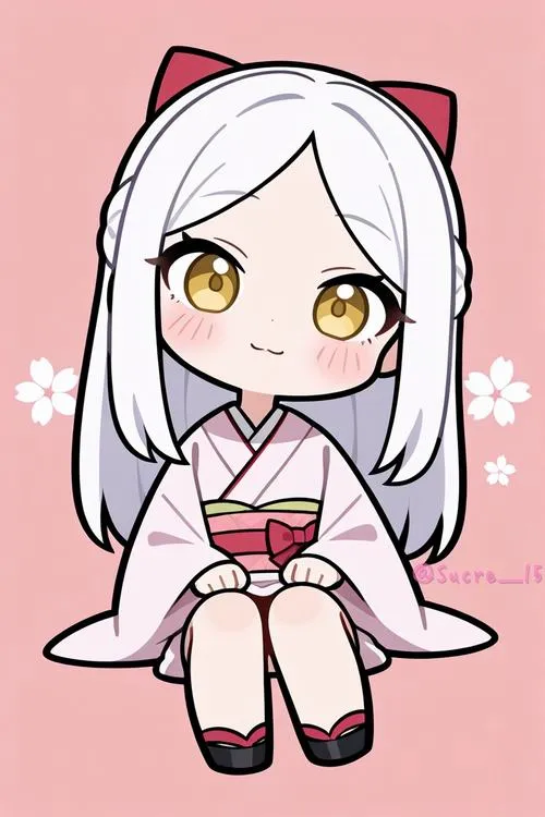 Hình minh họa chibi thiếu nữ kèm nơ cột tóc và mái lệch nhẹ