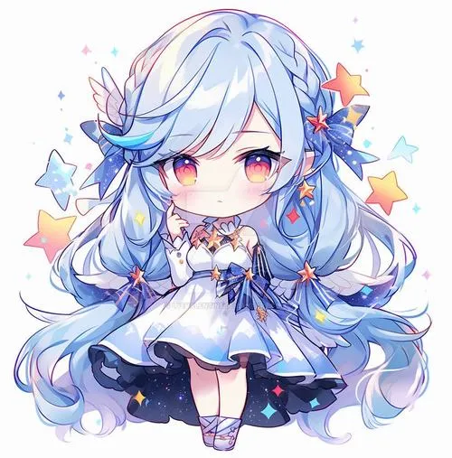 Ảnh chibi nữ tóc xanh dương mắt to trên nền xanh pastel