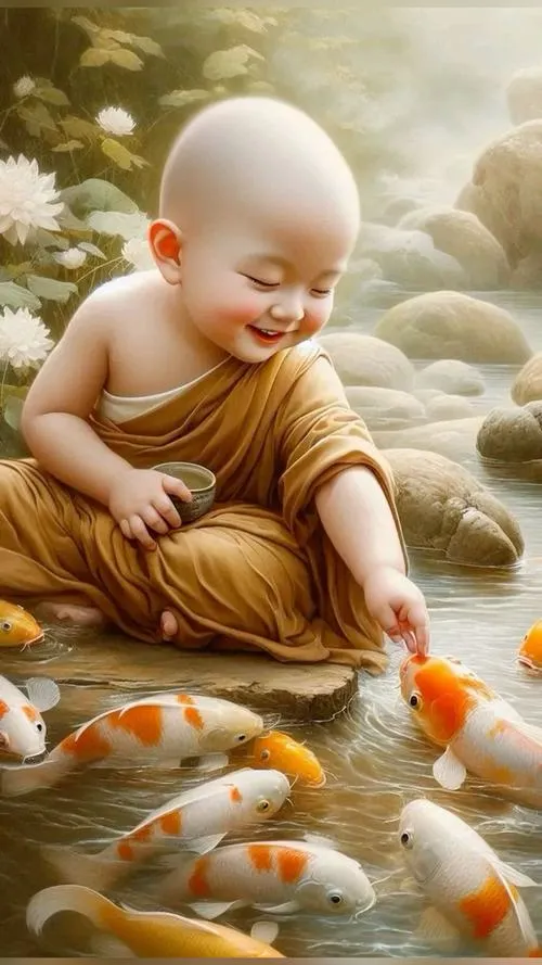 Cảnh chùa gồm tam quan với chú tiểu bước chân nhẹ