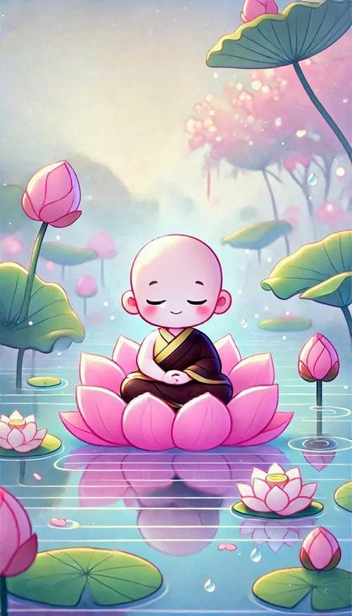 Khoảnh khắc chú tiểu chăm sóc cây cảnh trong sân gạch thanh tịnh