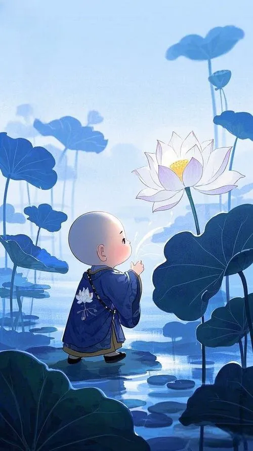 Hình ảnh chú tiểu niệm phật cầm chuỗi hạt trong không gian tĩnh lặng