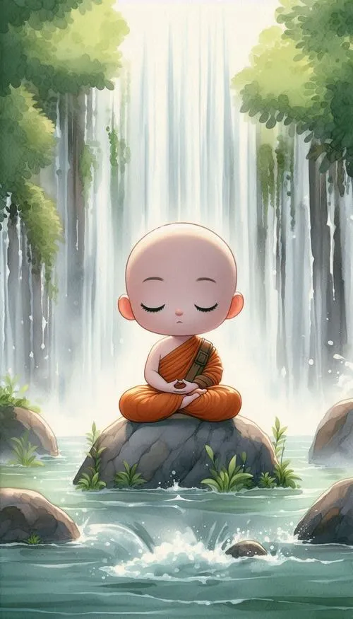 Khoảnh khắc hình chú tiểu cầm chuỗi hạt niệm phật đầy an nhiên