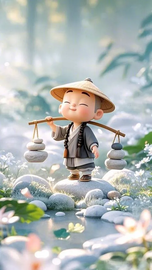 Hình chú tiểu dễ thương với nụ cười hiền giữa sân chùa