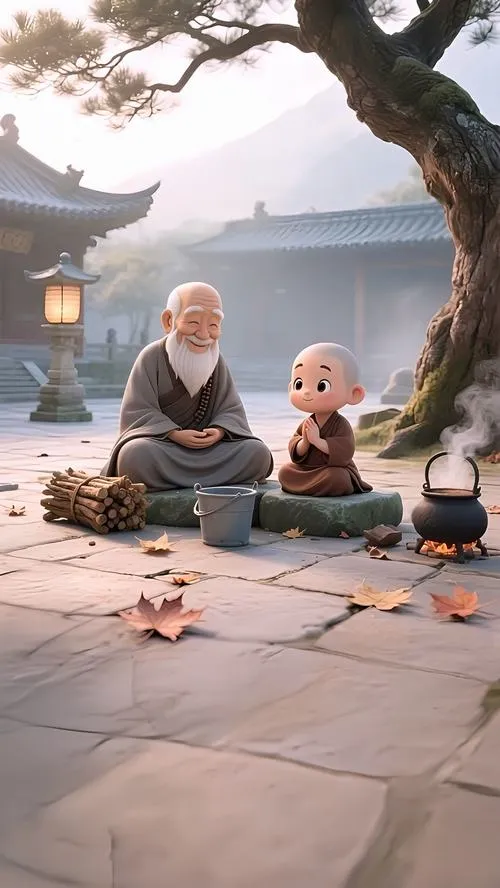 Cảnh chú tiểu quét sân trong không gian chùa tĩnh lặng