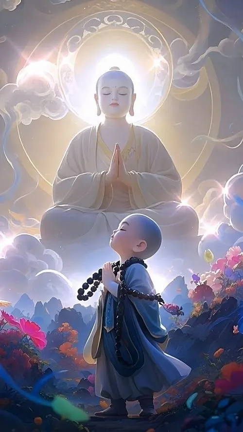 Hình ảnh chùa gồm hành lang dài với chú tiểu lặng bước