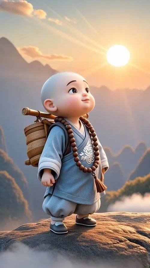 Nét ảnh chú tiểu mặc áo nâu sòng giữa sân chùa yên ả