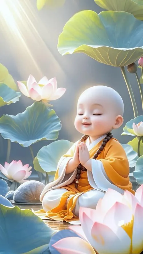 Hình chú tiểu lạy phật trước chánh điện trang nghiêm