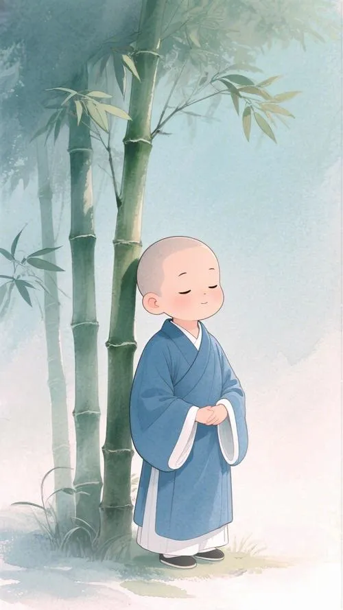 Ánh sáng sớm mờ trên sân gạch soi chú tiểu lặng yên