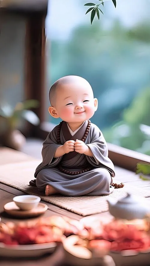 Hình ảnh chú tiểu quét sân chùa lúc bình minh gợi ngây thơ tôn nghiêm