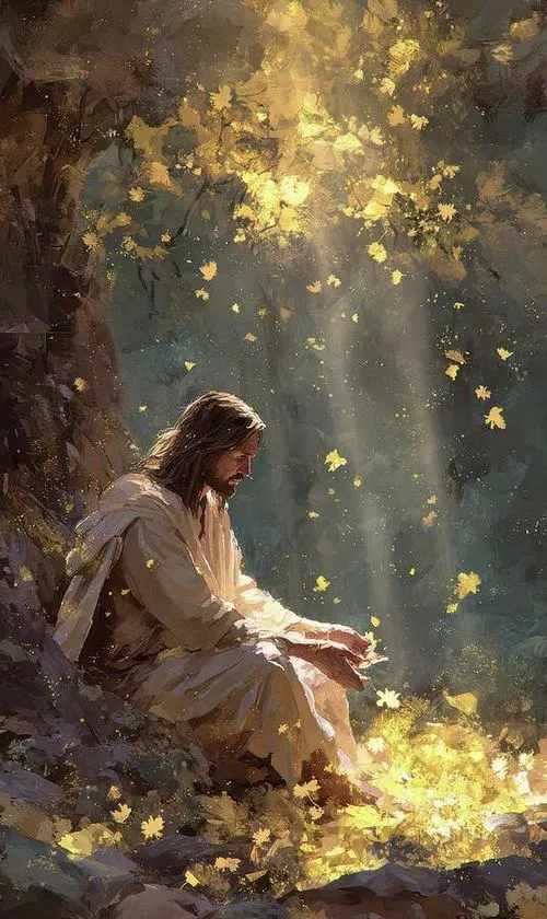 Hình ảnh Chúa Jesus và màu ấm trầm, một bức mà treo lên là thấy nhà yên