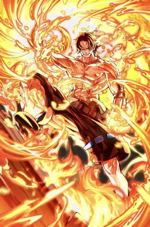 Ảnh Ace One Piece cảnh lửa cuộn dữ, chuyển động mạnh, hợp nền 4K siêu nổi