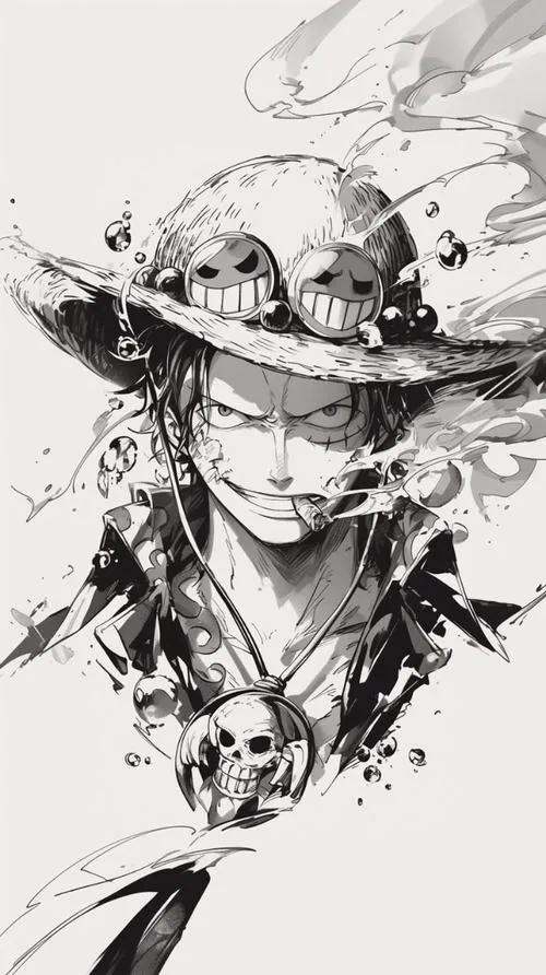 Ảnh Ace phác thảo trắng đen, nét bút thô, tàn nhang mờ, hợp avatar tối giản