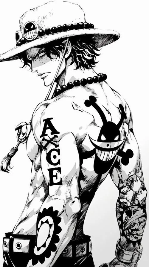Ace Onepiece line art đen trắng, chữ ASCE trên tay, nhìn mạnh mà rất gọn