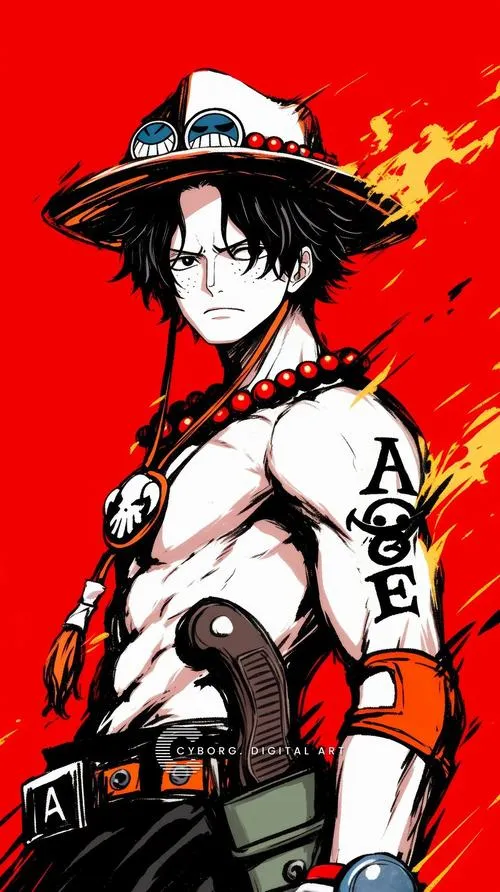 Ảnh fanart Ace nền đỏ, tương phản cao, mũ cam nổi bật, hợp làm ảnh bìa chất
