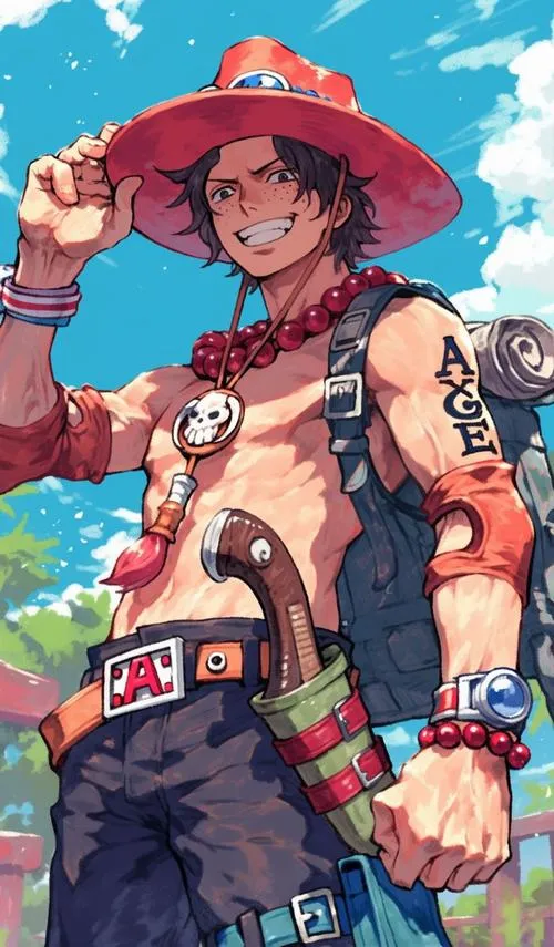 Hình Ace One Piece tông sáng vui, đứng thẳng tự tin, hợp hình nền anime dễ thương