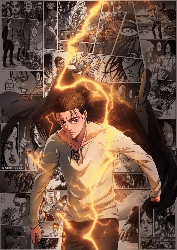 Hình nền Eren Yeager với tia sét vàng, áo sáng, nét mặt cứng, cảm giác hóa cứng sắp bật ra