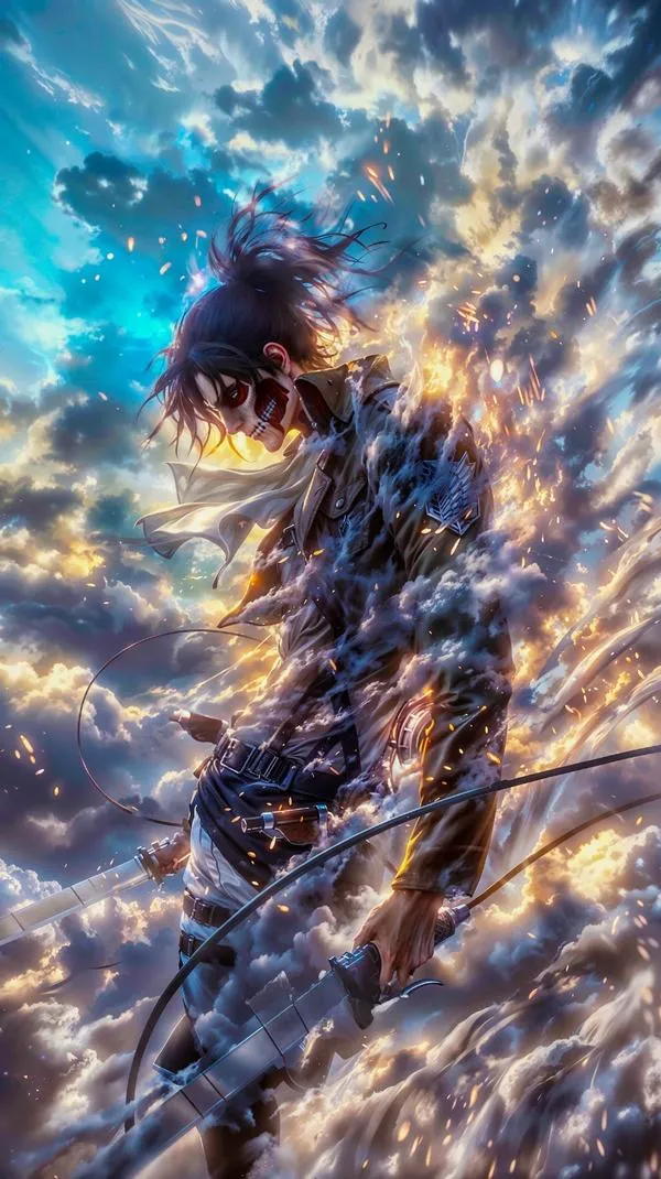 Ảnh anime kẻ khởi phát Rung Chấn, tông lam bão tố, dáng lao lên, cảm giác bền bỉ lì lợm