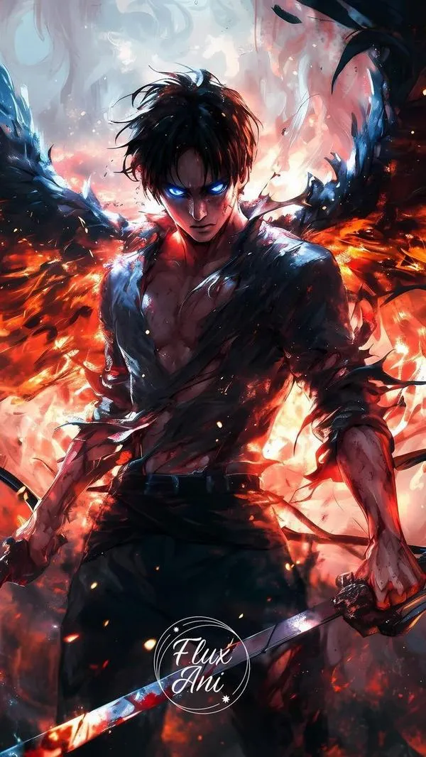 Ảnh Eren Yeager đứng giữa lửa và tro, đôi mắt sáng, khí chất quyết liệt như chọn đường không lui