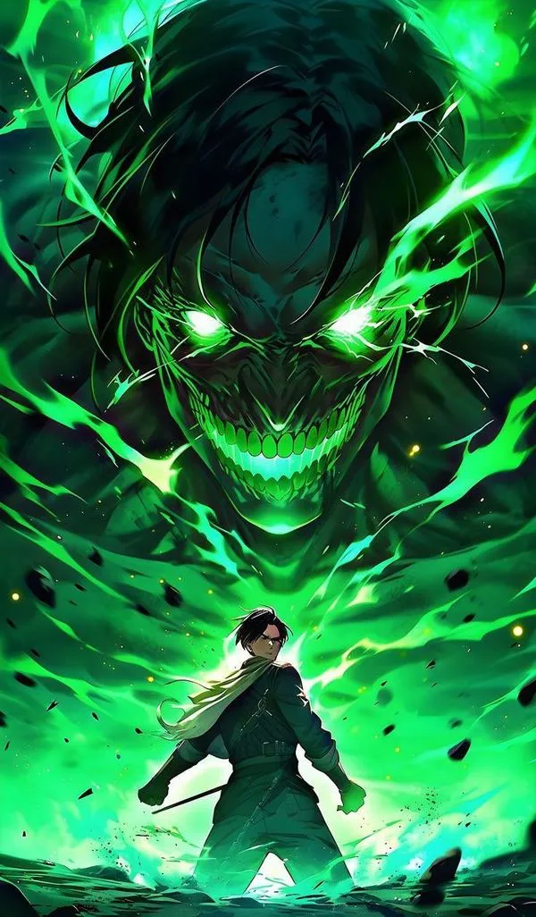 Ảnh Eren Yeager nền xanh độc, bóng Titan khổng lồ, cảm giác áp lực và sợ hãi lấn át