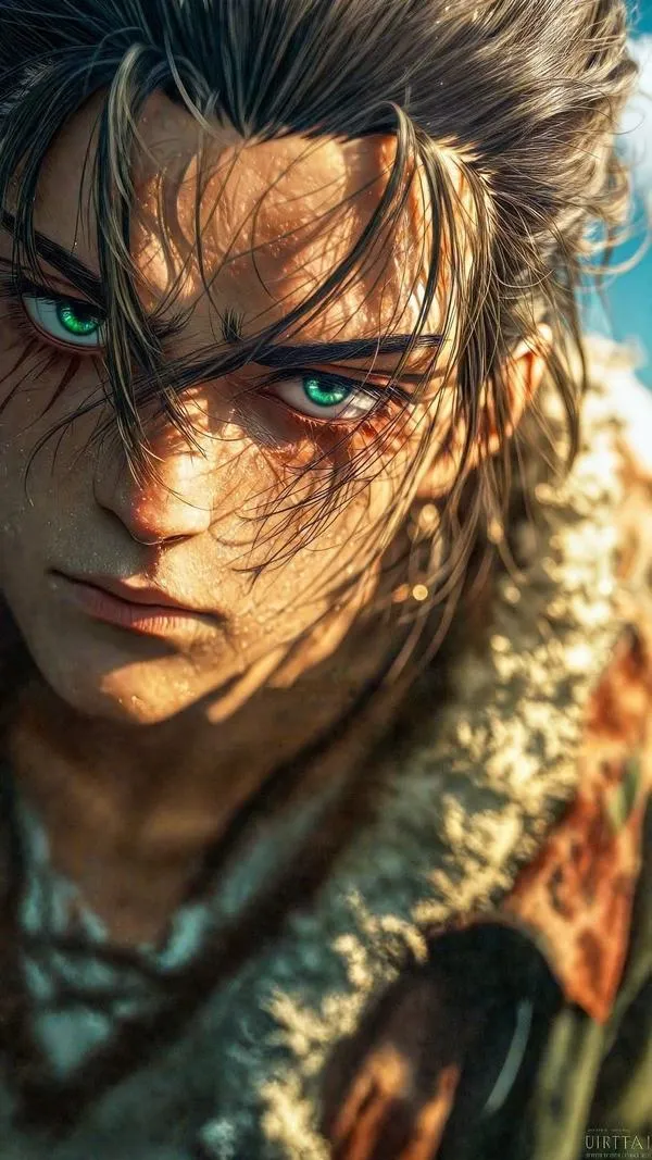 Hình 4K Eren Yeager cận mặt, tóc dài rũ, ánh mắt lạnh, vệt bẩn chiến trường rất thật