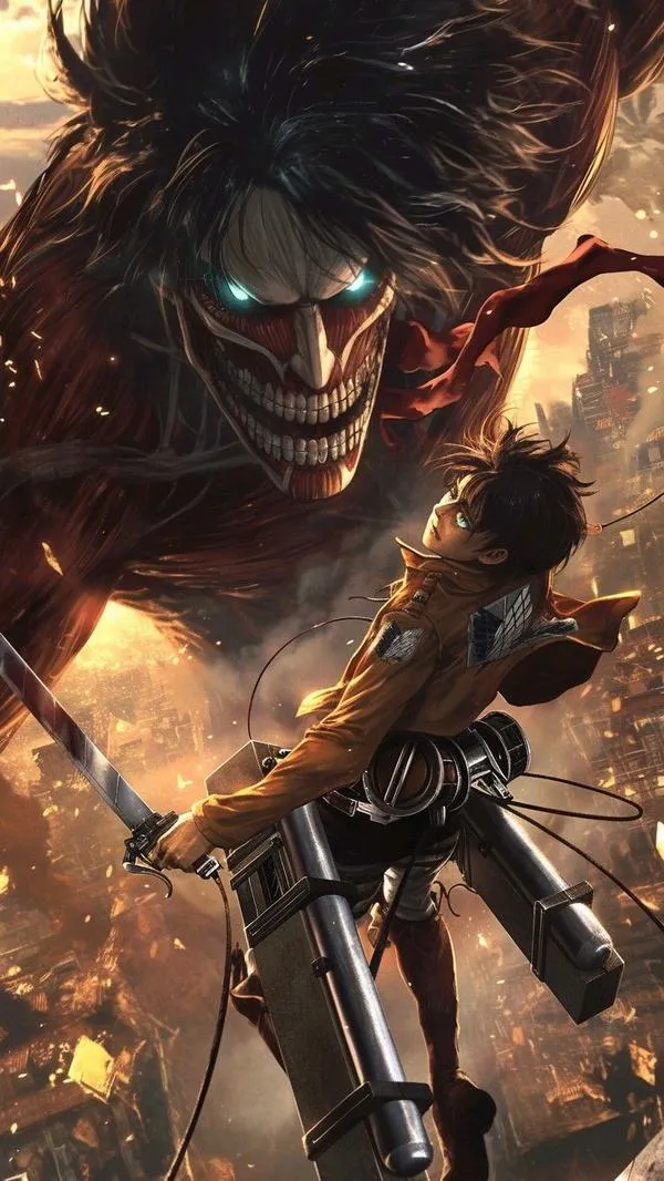 Hình nền chiến binh Titan lao tới, tông nâu vàng, bụi đá tung, sức mạnh cận chiến bạo liệt