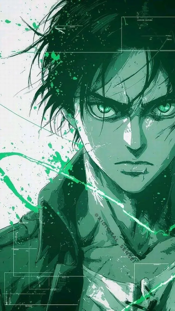 Ảnh Eren Yeager chân dung xanh rêu, mắt sắc, vệt xước như chiến tranh kéo dài không dứt