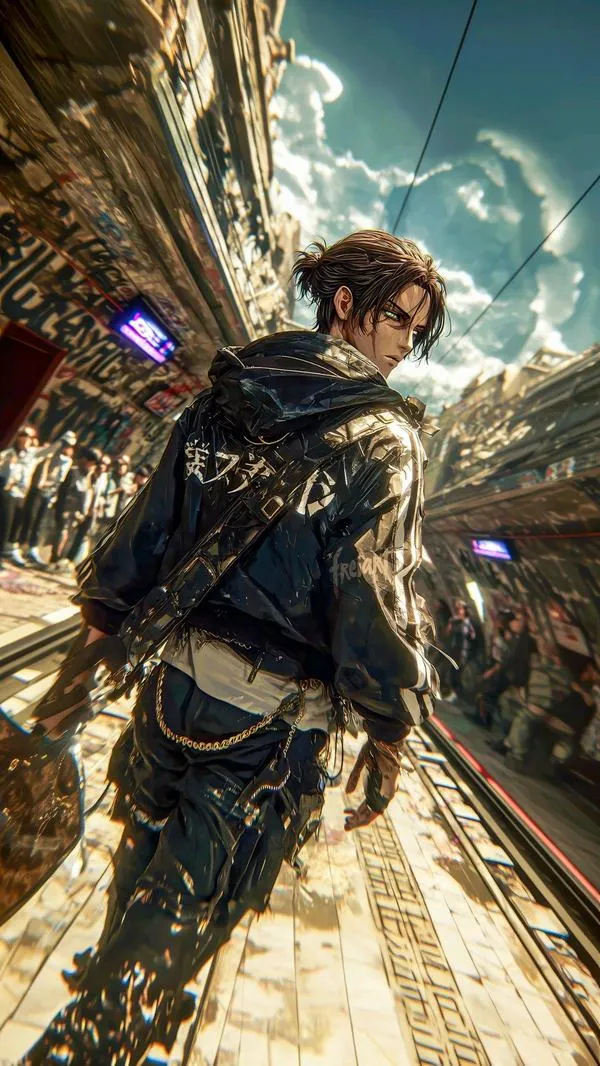 Hình 4K Eren Yeager trên chiến trường, áo choàng bay, bầu trời xám, khí chất trưởng thành rõ