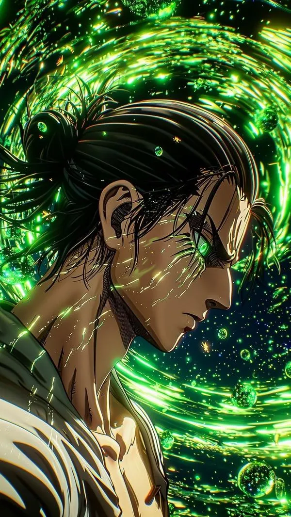 Ảnh fanart biểu tượng tự do nhìn nghiêng, tóc gọn, ánh mắt căng, tông xanh cuộn xoáy