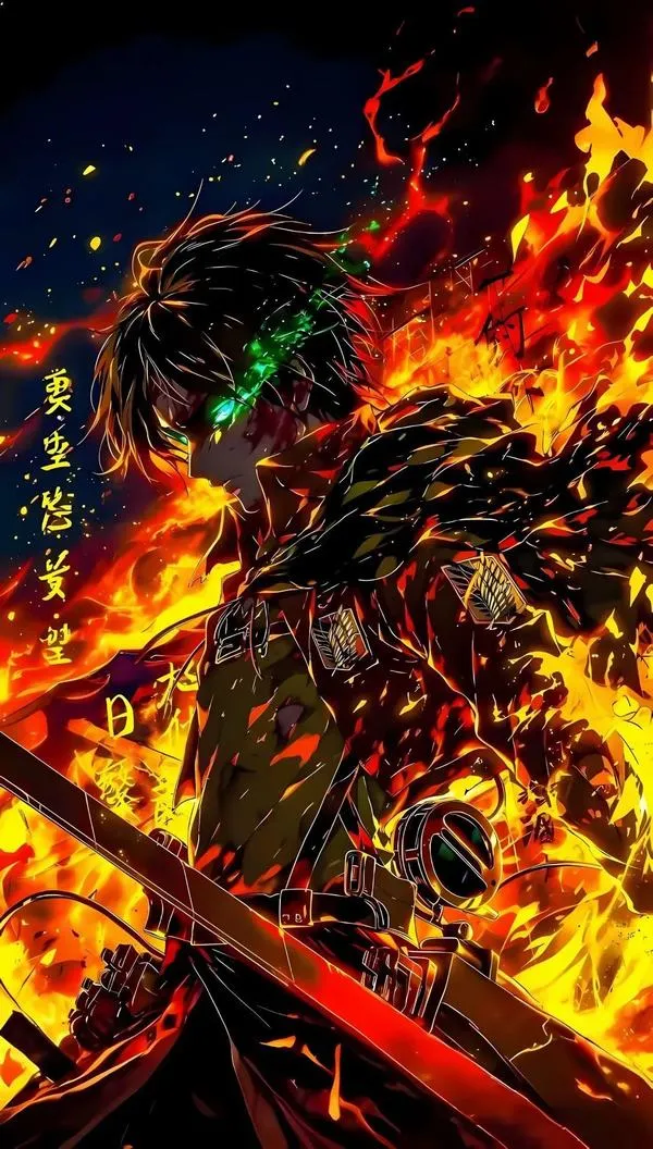 Ảnh bìa Eren Yeager giữa lửa đỏ, tư thế chiến đấu, đường sáng gắt, chất anime căng thẳng