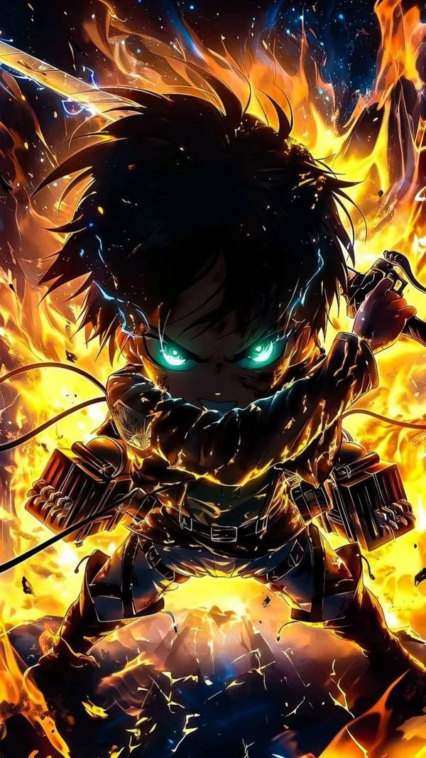 Hình nền chiến binh Titan bùng sáng vàng cam, mắt lóe, hiệu ứng nổ mạnh như sắp phá vỡ giới hạn