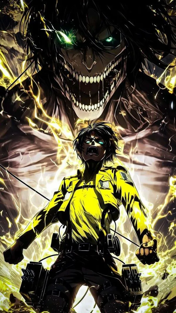 Ảnh 4K Eren Yeager đối mặt Titan răng trần, bóng đen dày, cảm giác nguy hiểm sát khí