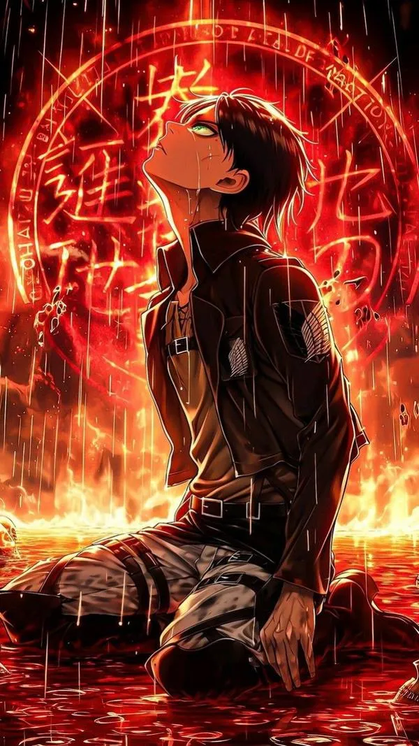 Ảnh Eren Yeager tông đỏ rực, vòng sáng như nghi thức, dáng đứng thẳng, cảm giác quyết liệt