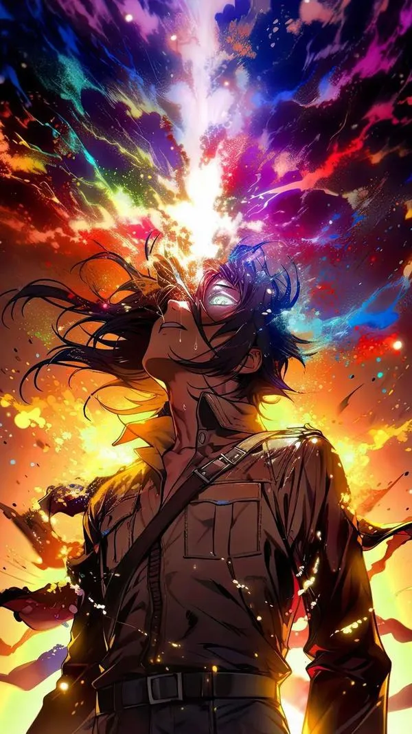 Ảnh Eren Yeager bùng sắc tím cam, vệt sáng dựng đứng, dáng quay lưng như ôm bí mật lớn