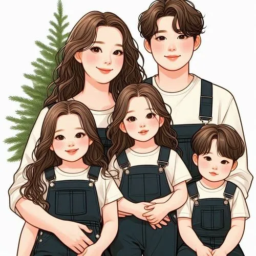 Hình chibi gia đình 5 người kiểu tối giản, nền sạch, nhấn biểu cảm, nhìn gọn mà thương