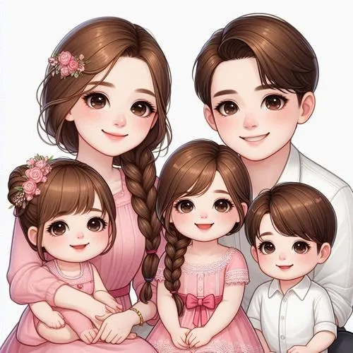 Ảnh chibi gia đình 5 người cho avatar và thiệp mừng, tạo cảm giác gần gũi, vui vẻ