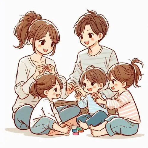 Hình gia đình 5 người chibi phong cách hoạt hình, nét tròn xinh, màu ấm, hợp làm kỷ niệm