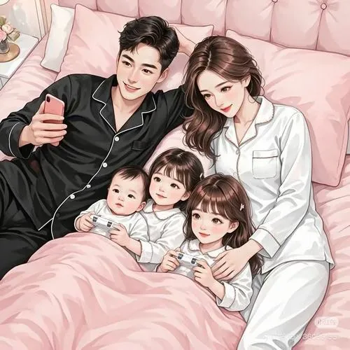 Bộ hình ảnh gia đình 5 người chibi siêu dễ thương, đủ bố mẹ và ba bé, nhìn là muốn lưu