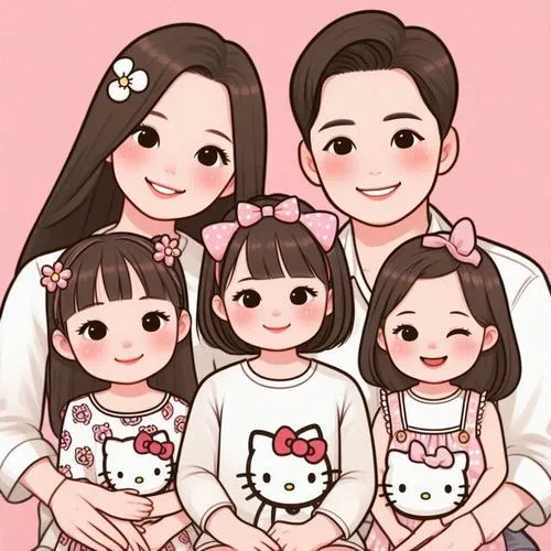 Cả nhà 5 người chibi đứng gần nhau, tông ấm, tóc nâu đen, vibe bình yên.