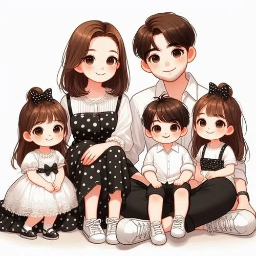 Gia đình nền hồng, bé gái mặc áo hình dễ thương, bố mẹ ngồi hai bên, rất ngọt.