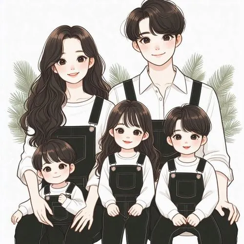 Bố mặc áo đỏ, bế bé nhỏ, mẹ đứng cạnh, hai bé còn lại nhìn thẳng máy.