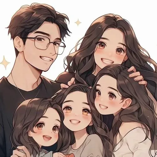 Gia đình mặc đồ đen trắng, nền cây xanh, ba bé ngồi trước, bố mẹ đứng sau.