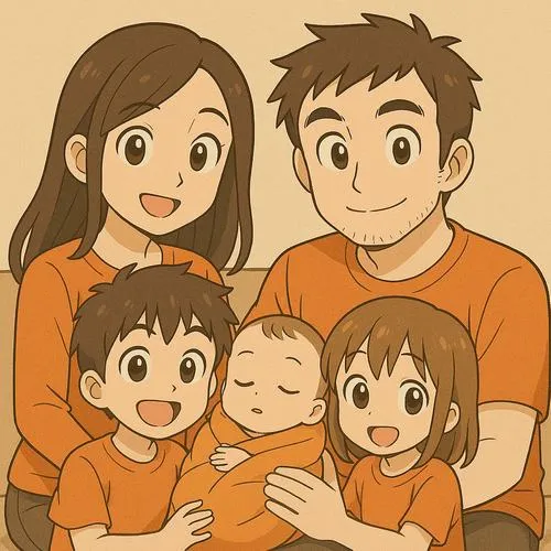 Chân dung gia đình ôm sát, bố đeo kính, mẹ tóc dài, ba bé cười rạng rỡ.