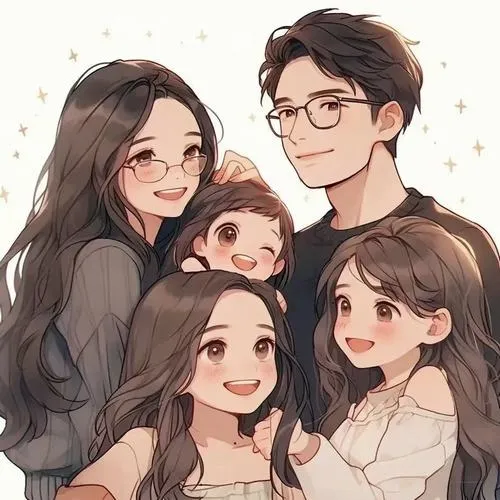 Cận cảnh cả nhà ôm nhau, nét vẽ mềm, tóc nâu, ánh mắt dịu, nền sáng.