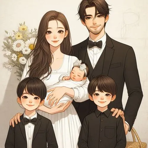 Bố mẹ mặc vest cưới, bế em bé, hai bé trai đứng cạnh, trang trọng mà ấm.