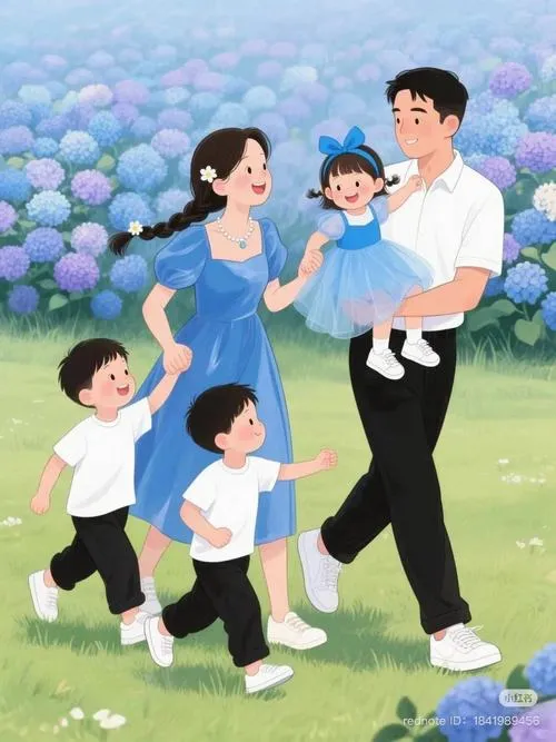 Cảnh gia đình chạy chơi ngoài đồng, áo xanh, trời sáng, cảm giác năng động.